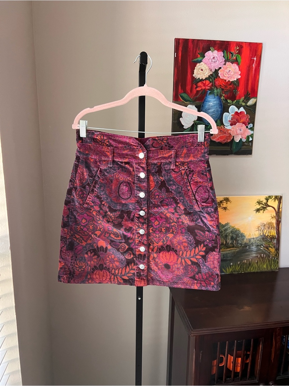 Anthropologie PILCRO Corduroy Button-Front A-Line Mini Skirt in Plum Floral - Picture 2 of 9